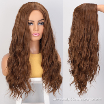 Vigorous Mixed Brown Womens Wig with Bangs Water Wave Heat Resistant Synthetic Wig for African American Women